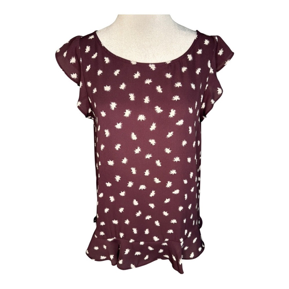 LOFT Outlet Floral Flutter Sleeve‎ Top Burgundy Blouse Size Small
